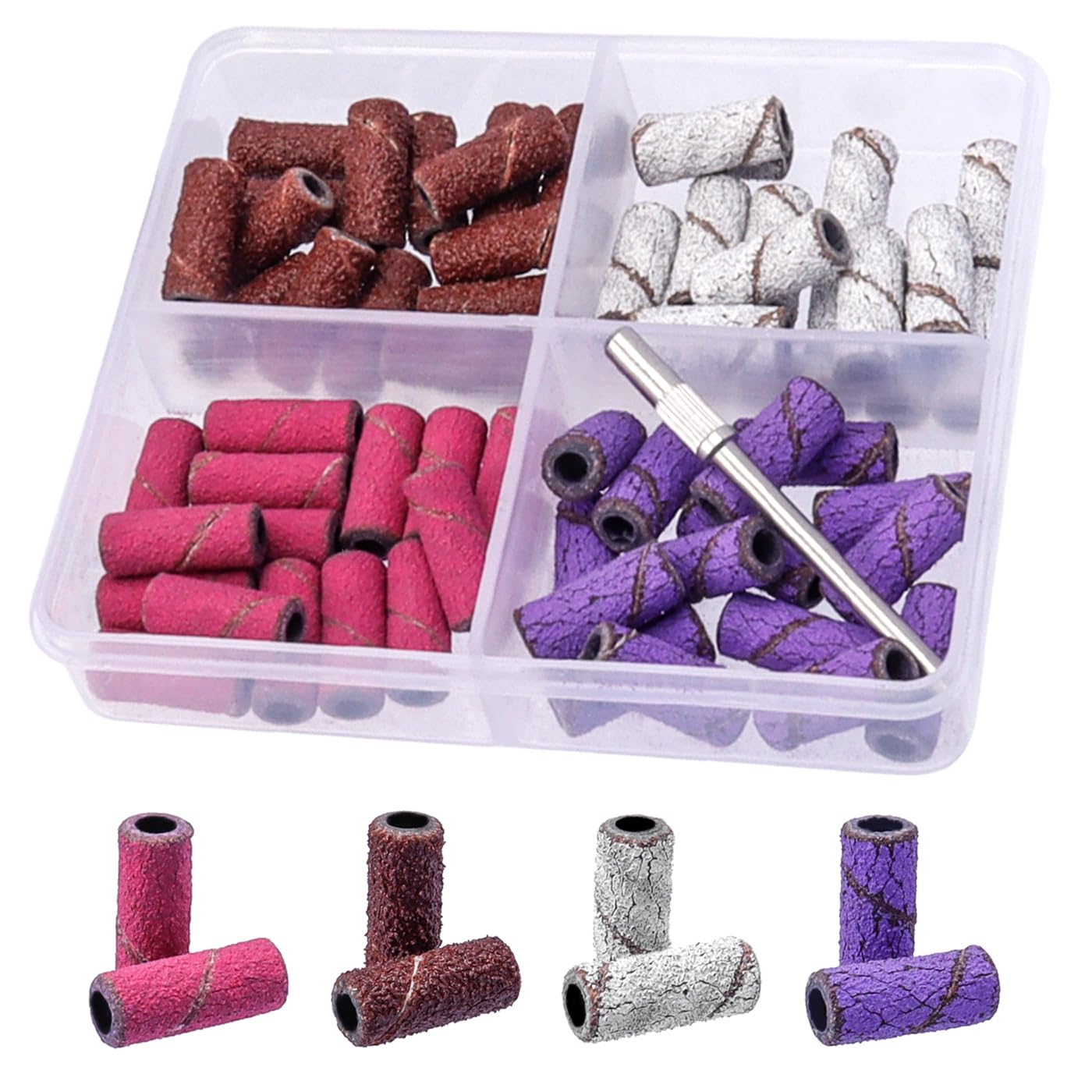 Mesee 60 Pieces Sanding Bands for Nail Drill, 4 Colors Small Sanding Band Nail Drill Bits 80# 120# 180# 240# Coarse Medium Fine Grit Efile Sand Set with Mandrel for Acrylic Nails Manicures Pedicures