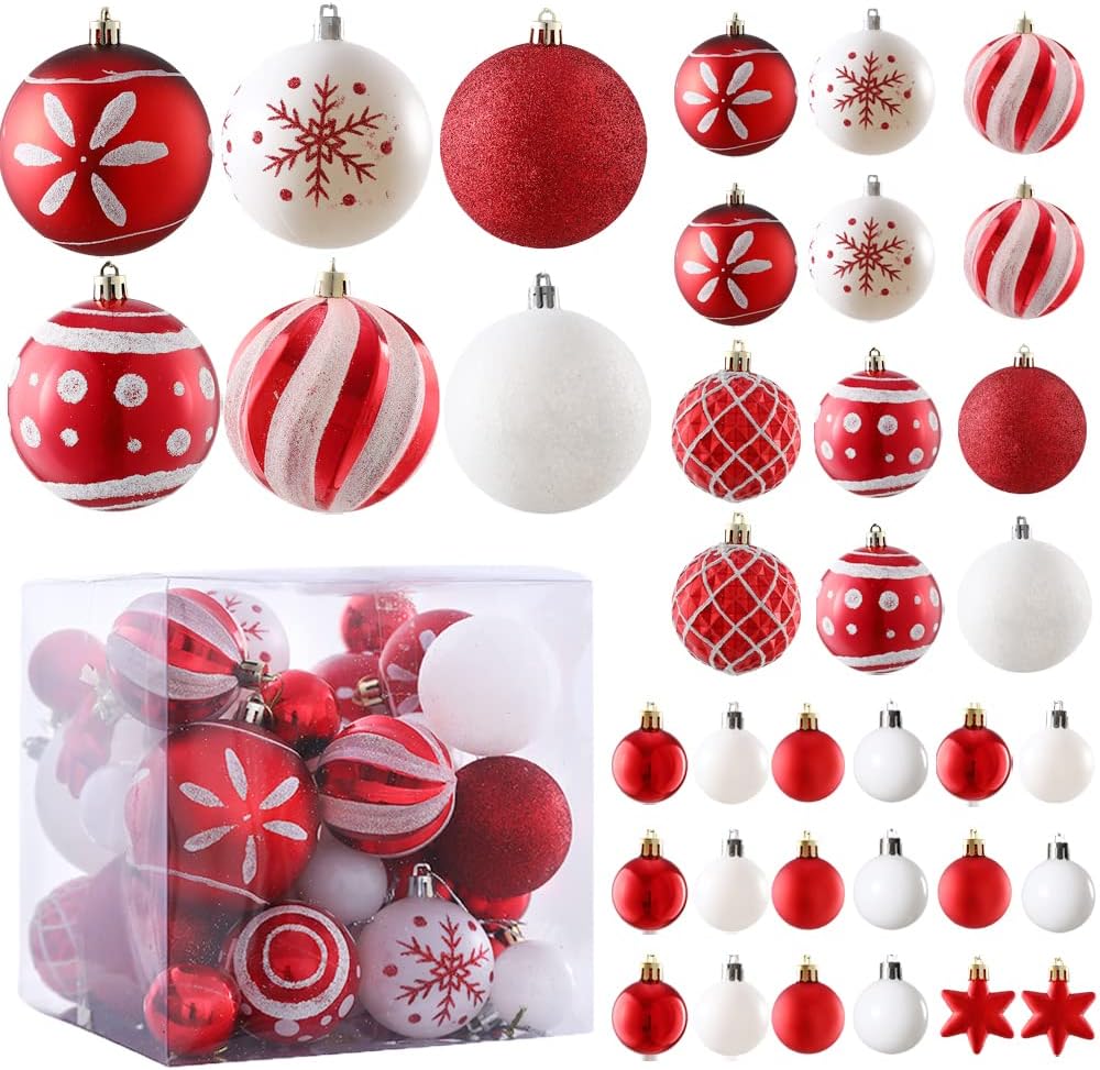 Ornaments - 36ct Christmas Ball Ornaments Sets, Red & White Shatterproof Balls for Christmas Tree Decorations Assorted Shapes and Sizes Hanging Ball for Holiday Festival and Party Decoration (Red White)