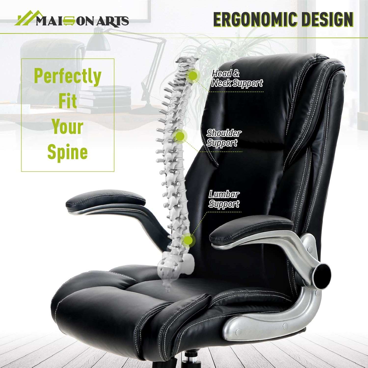 MAISON ARTS Executive Home Office Chair Desk Chair, Ergonomic Adjustable Massage Computer Task Chair with Rocking Function and Flip-up Arms, Black: Kitchen & Dining