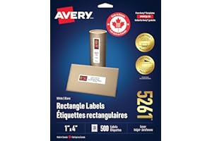 Avery White Rectangle Labels with Easy Peel for Laser Printers, 1" x 4", 500 Labels, Permanent (5261) Made in Canada