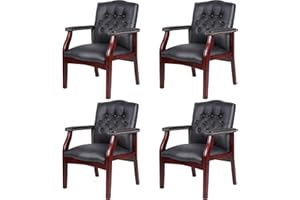 SLEERWAY Black Leather Office Chairs Set of 4 -High Back Ergonomic Executive Guest Chairs for Reception, Multi-Scene Use (Waiting Room, Meeting, Conference, Lobby, Conference, Church) No Wheels with Arm Design