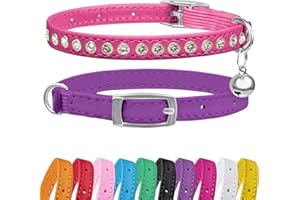 Petinstinct 2 Pack Cat Collars with Bells, Rhinestones Leather Cat Collar with Elastic Strap, Adjustable Non Breakaway Cat Collar for Girl Boy, Bling Diamond, 7.5" - 11.5", Rose Red and Purple
