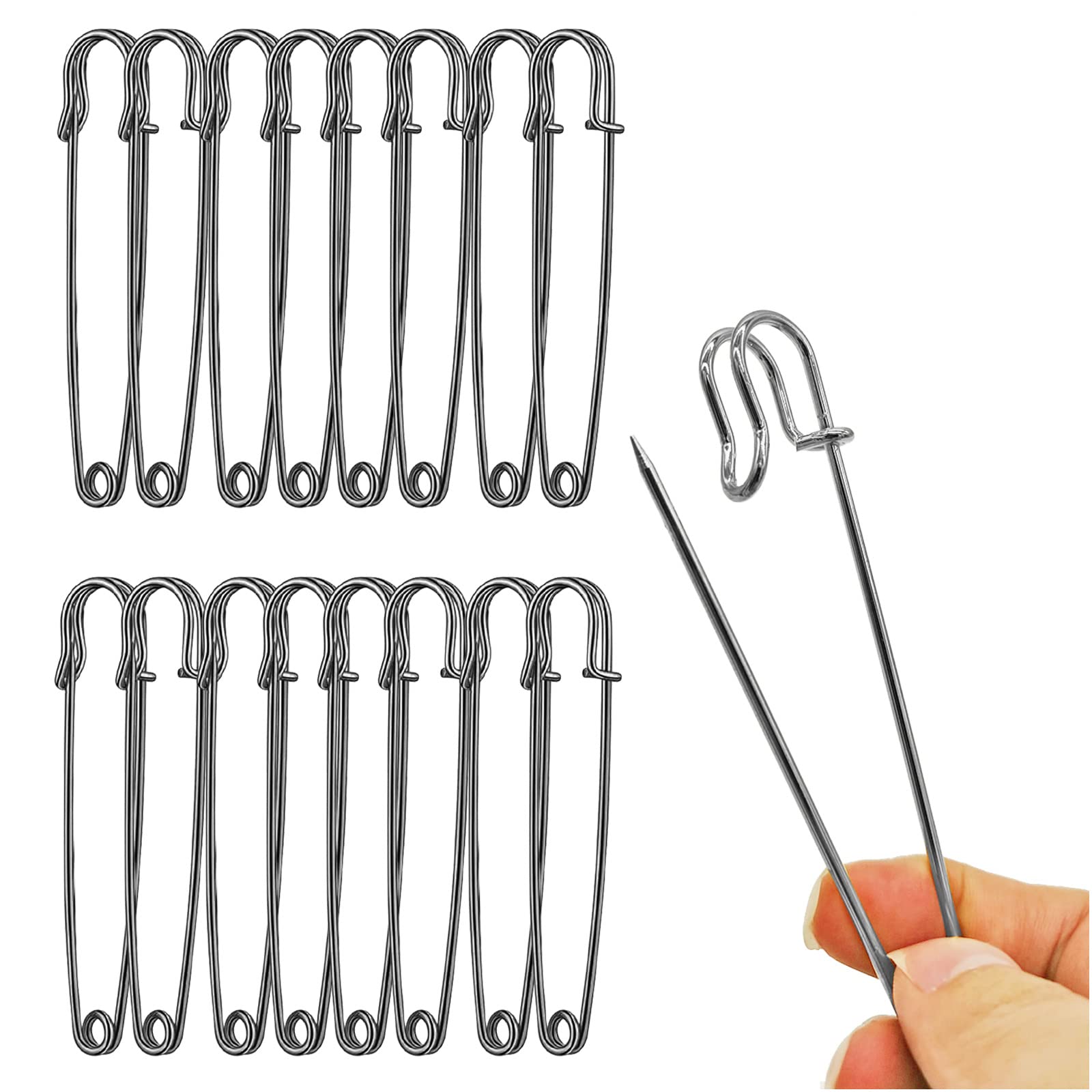 Urmspst Safety Pins (2022 New), 10cm Large Safety Pins Pack of 15 for Clothes Leather Canvas Blankets Crafts Skirts Kilts, Extra Large Safety Pin Heavy Duty Safety Pins (Brilliant Black)