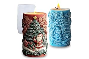 Wehous Christmas Candle Molds, 3D Embossed Santa Tree Holly Cylinder Silicone Molds for Resin Candle Soap Wax, Christmas Ornament Fondant Chocolate Dessert Mold Art Craft Xmas Decor (Santa & Tree)