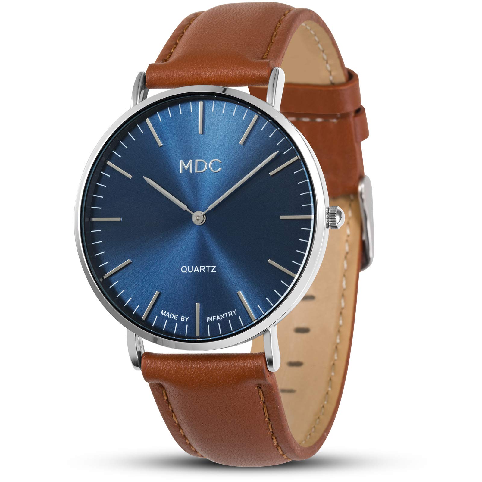Infantry MDC Mens Minimalist Watch, Gents Navy Blue Dial Analogue Wristwatch, Ultra Slim Casual Watch for Men with Brown Leather Strap, Big Face Business Dress Watch