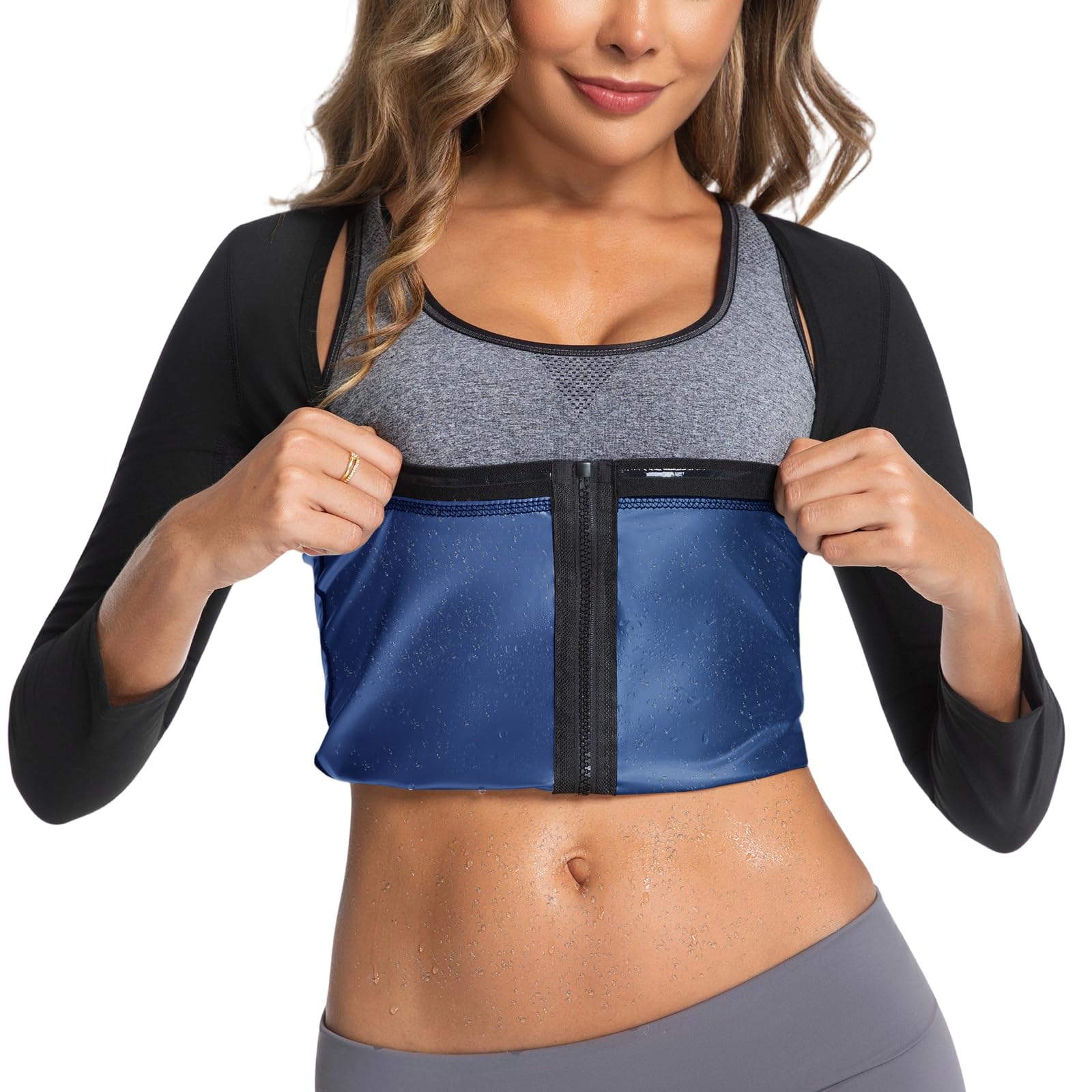 Photo 1 of Towintec Sauna Suit for Women Heat Trapping Long Sleeve Sweat Suit Belly Fat Weight Loss Waist Trainer Workout Body Shaper Shirts with Zipper(Blue,M)