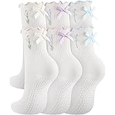 Jeyiour 6 Pairs Cute Pilates Socks with Grip White Pilates Bows Non Slip Ruffle Embroidered Socks for Yoga Barre Barefoot Workout