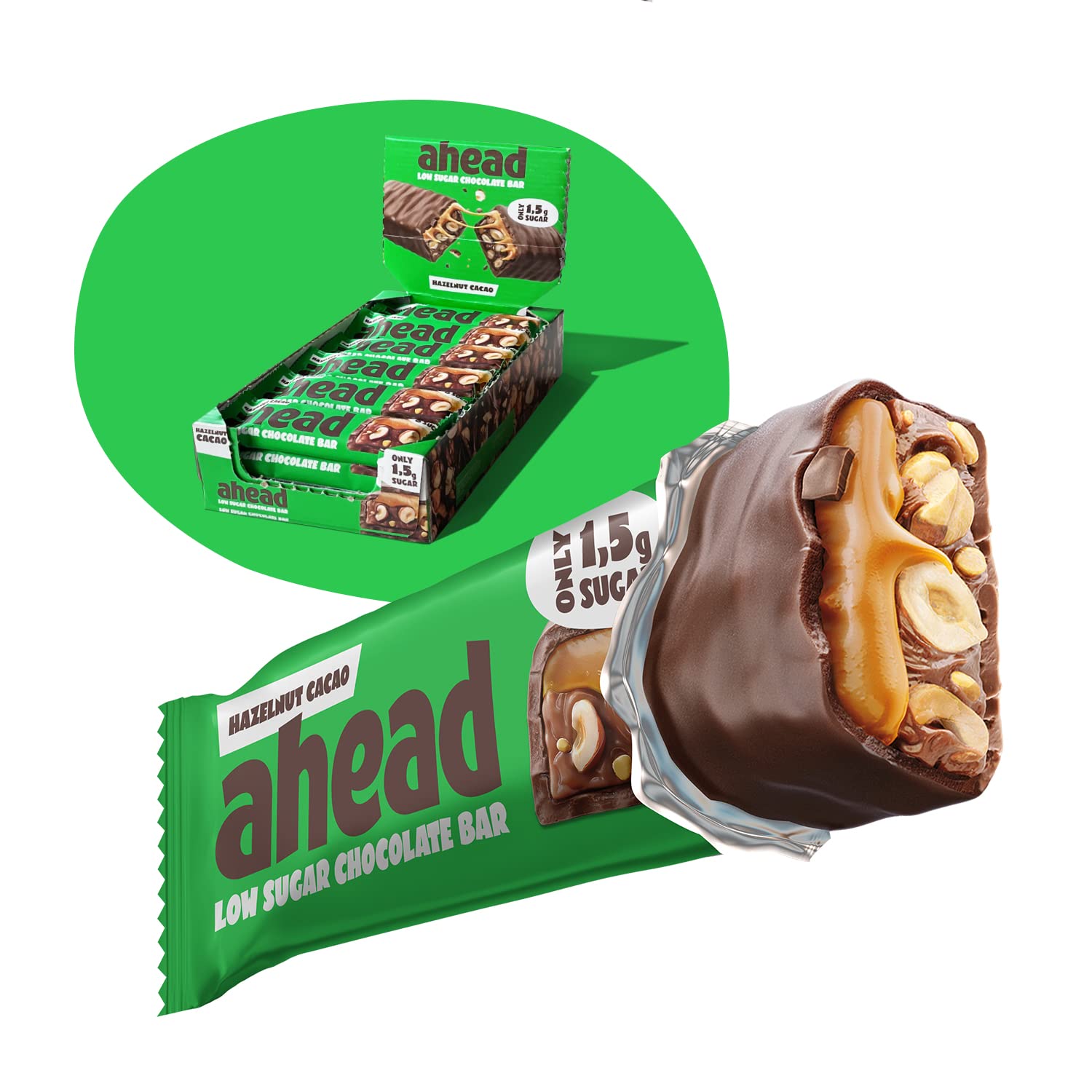 AHEAD Keto Riegel – Haselnuss-Karamell mit echtem Kakao ohne Zuckerzusatz– 18 x 35g – Low Carb Müsliriegel ohne Zuckerzusatz – nur 5g Net Carbs pro Low Carb Süßigkeit