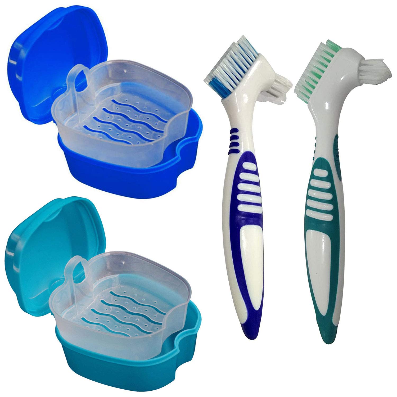 KISEER 2 Pack Denture Bath Case Cup Box Holder Storage Container with Denture Cleaner Brush Strainer Basket for Travel Cleaning (Light Blue and Blue) : Beauty