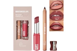 PUDAIER 2Pcs Lip Liner and Lipstick Combo, Highly Pigmented Lip Liner and Lipstick Set for women, Long Lasting Matte Lip Pencil and Hydrating Lip Balm Lip Gloss Makeup Kits with Sharpener