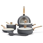 GreenPan Rio Essence Wood 10 Piece Cookware Pots and Pans Set, Healthy Ceramic Nonstick, PFOA & PFAS-Free Coating, Induction, Silicone Rim Lids, Stay-Cool Wood Print Handles, Dishwasher Safe, Gray