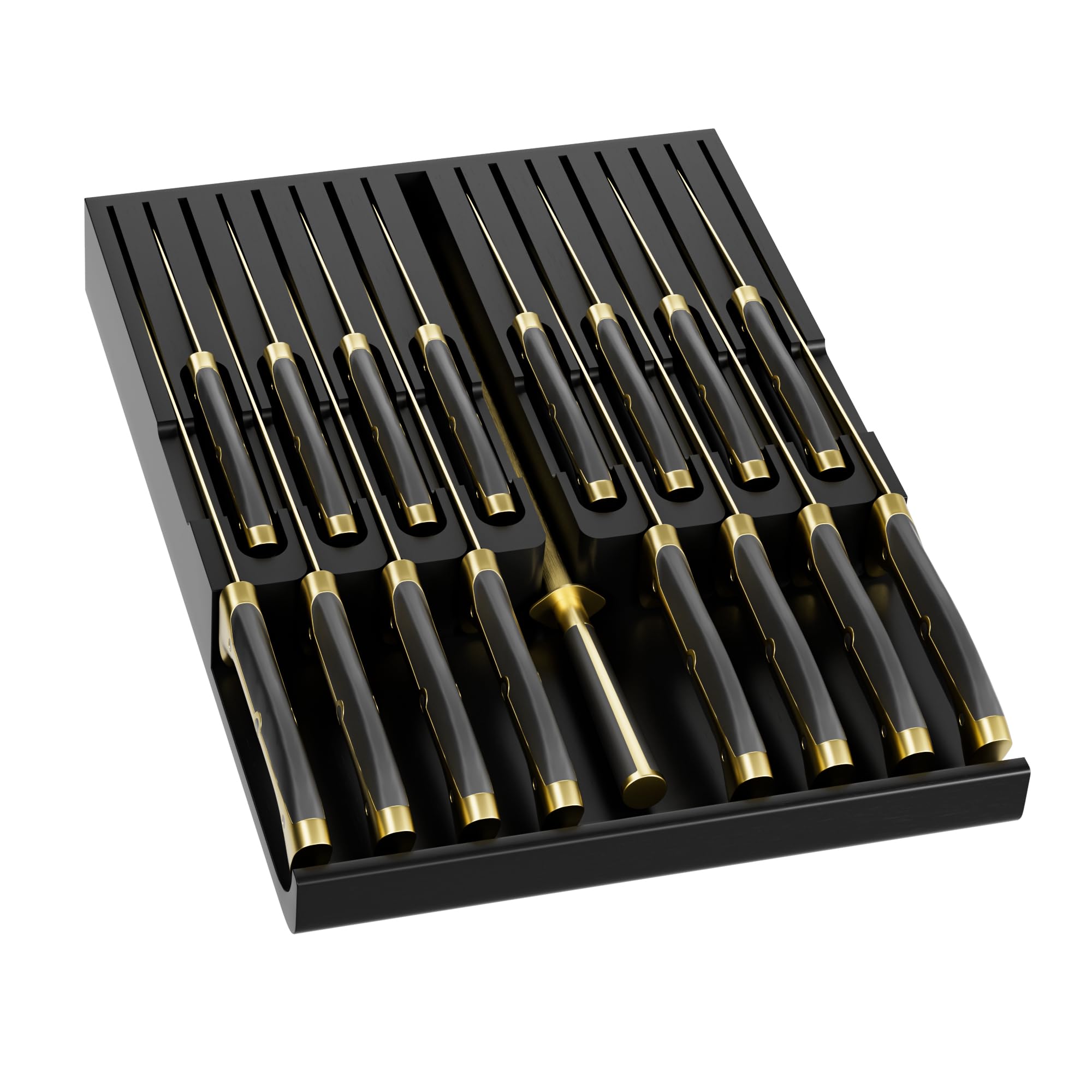 Photo 1 of Domax Bamboo In-drawer Knife Block - Knife Drawer Organizer Insert Large Handle Steak Knife Holder, Kitchen Drawer Knife Organizer Fits for 16 knives and 1 Sharpening Steel (Not Included), Black