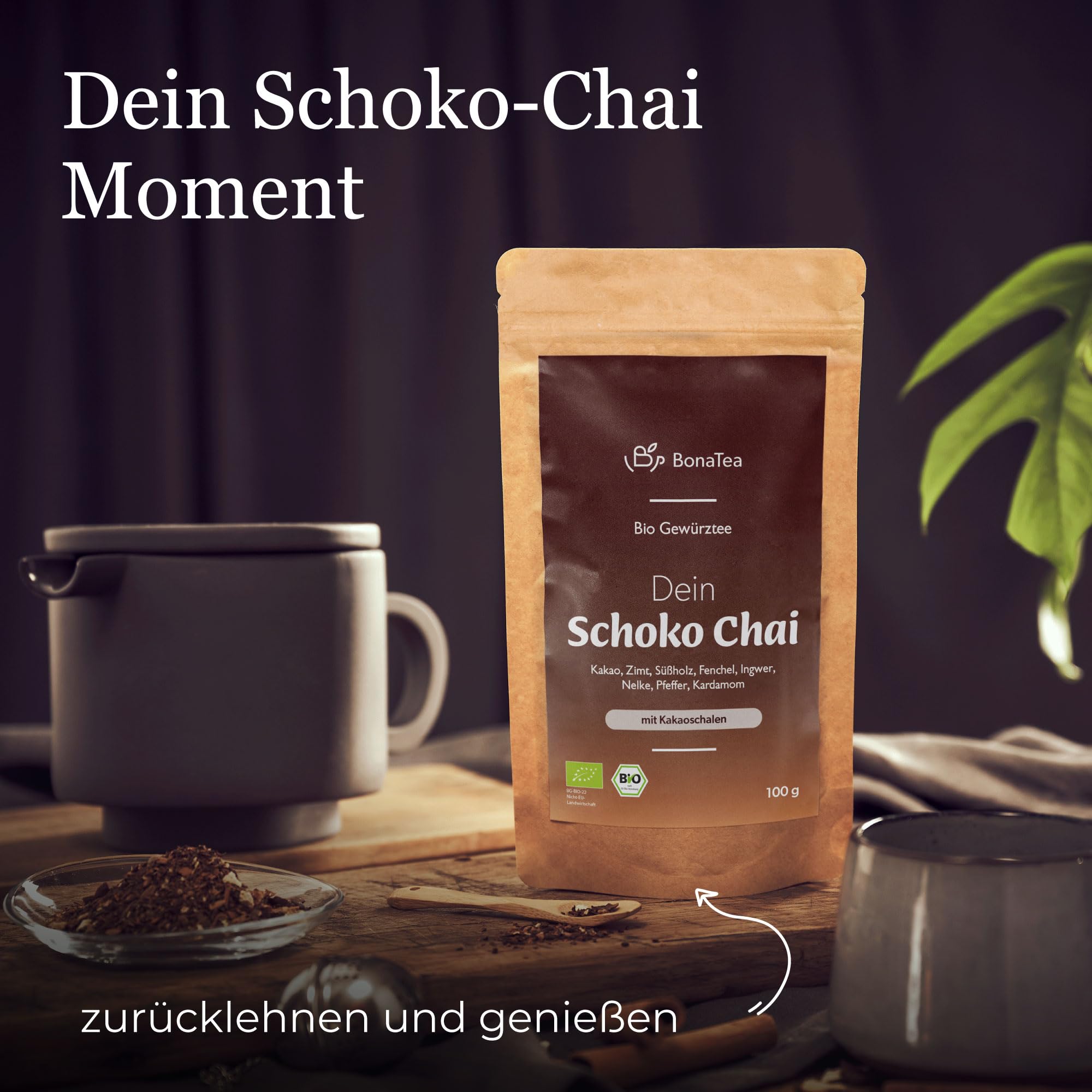 BIO Schoko-Chai Gewürztee ohne Zucker mit Kakaoschalen, Zimt, Süßholz und weiteren aromatischen Chai-Gewürzen, 100g 5