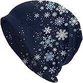 LAIPUTER Christmas Snowflakes Blue Beanie Standard Closed Chemo Knitted Hats Baggy Slouchy Skull Cap Cancer Headwear for Women Men