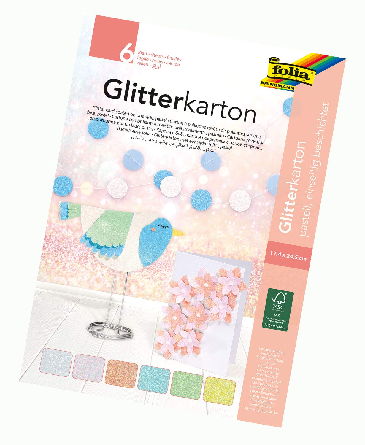 Folia 85239 Glitter Card Block Pastel 300 g/m² 6 Sheets Approx. 17.4 x 24.5 cm, colourful