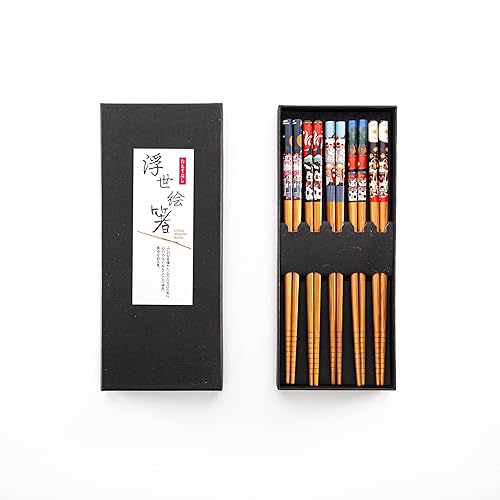 Bamboo Chopsticks Set, 5 Pairs of Stylish Japanese Wooden Chopsticks in Black Box - Perfect Reusable Cooking & Dining Gifts for Anime Fans and Beginners (Fortune Cat)