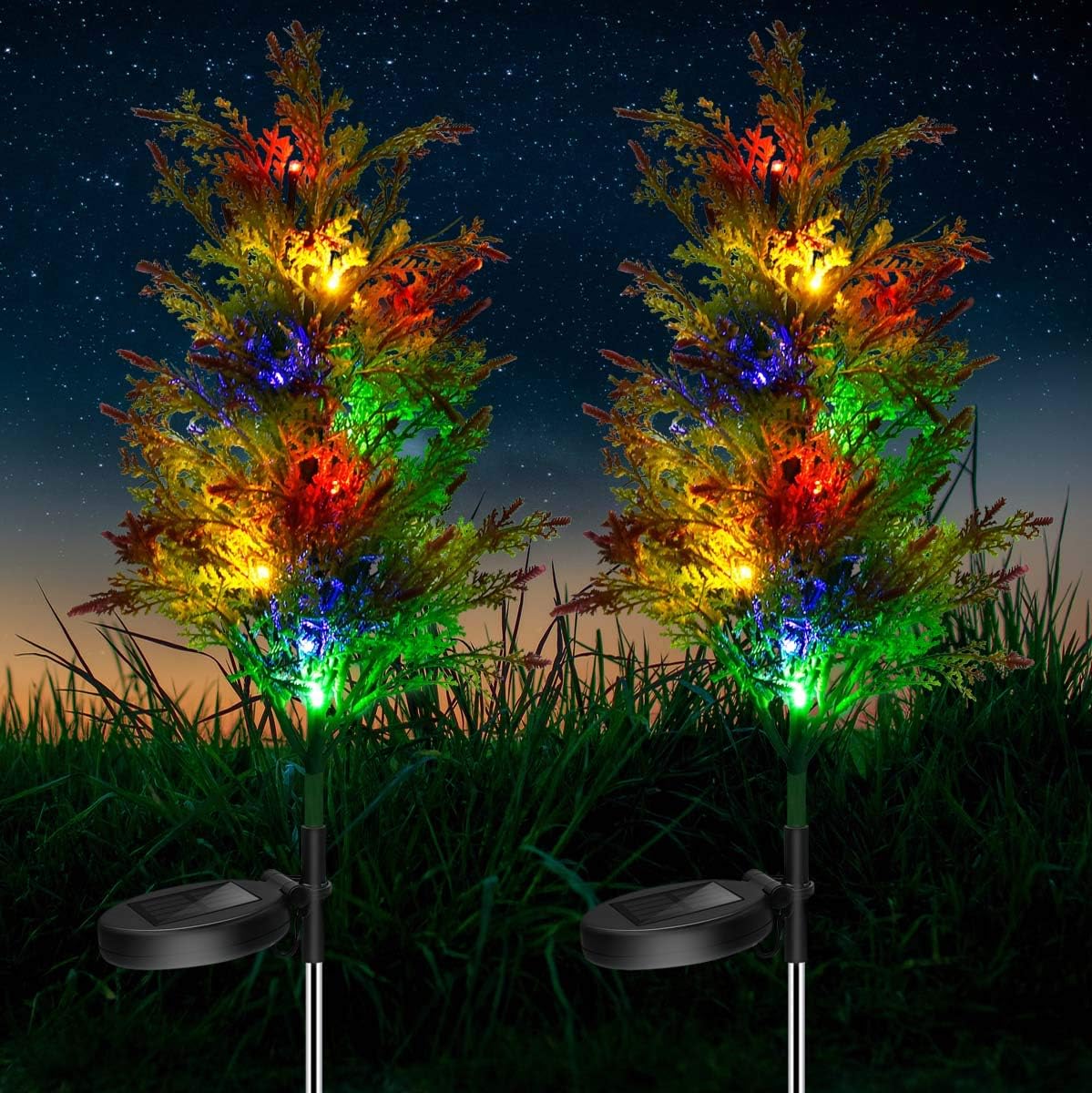 2PCs Solar Garden Lights Tree Outdoor, 2.4ft LED Solar Path Lights MultiColor