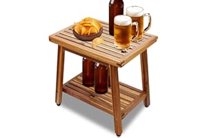 ENKEZI Small Acacia 16 Inches Outdoor Side Table, 2-Tier Sturdy Patio, End Table Weather Resistant, Strong Stability Side Table for Patio, Pool, Porch, Teak Finish (Small)