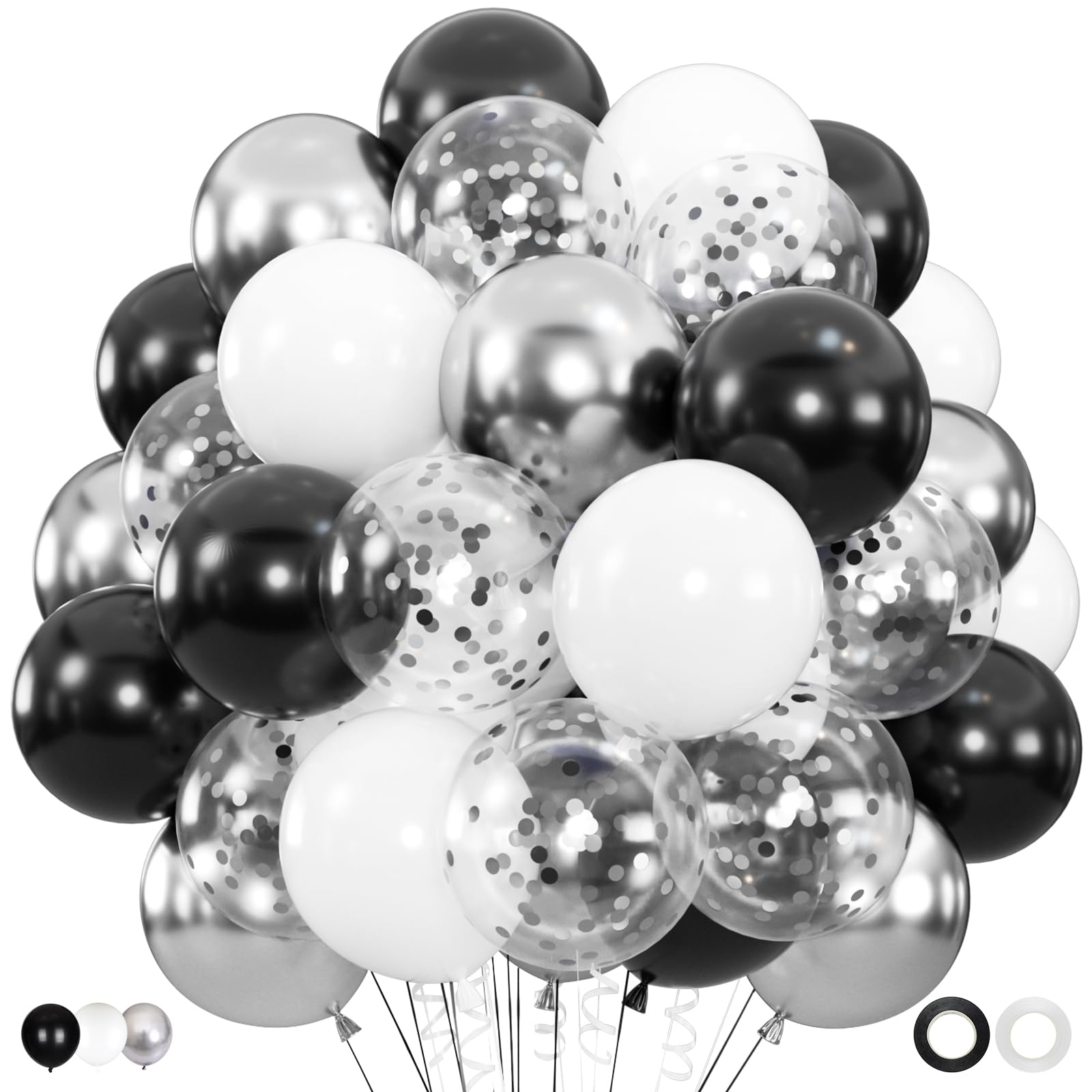 Photo 1 of 100pcs Black and Silver Balloons, 12inch Black White Silver Confetti Ballons for Birthday, Baby Shower, Graduation, Anniversary Party Decorations