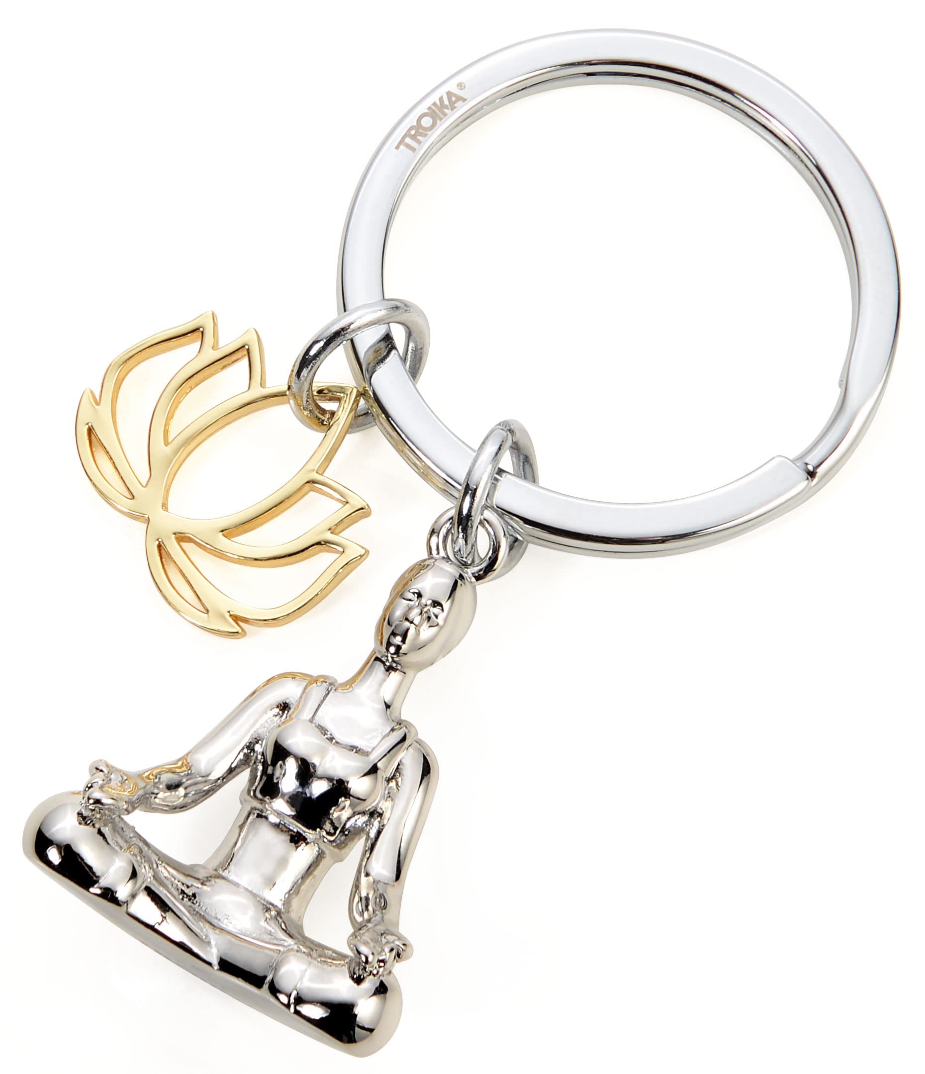 Troika Yoga Keyring with Two Pendants - Woman in Yoga Meditation Seat and Stylized Lotus Flower - Cast Metal - KR22-01/CH, Silver Colours, handlich, Keyring