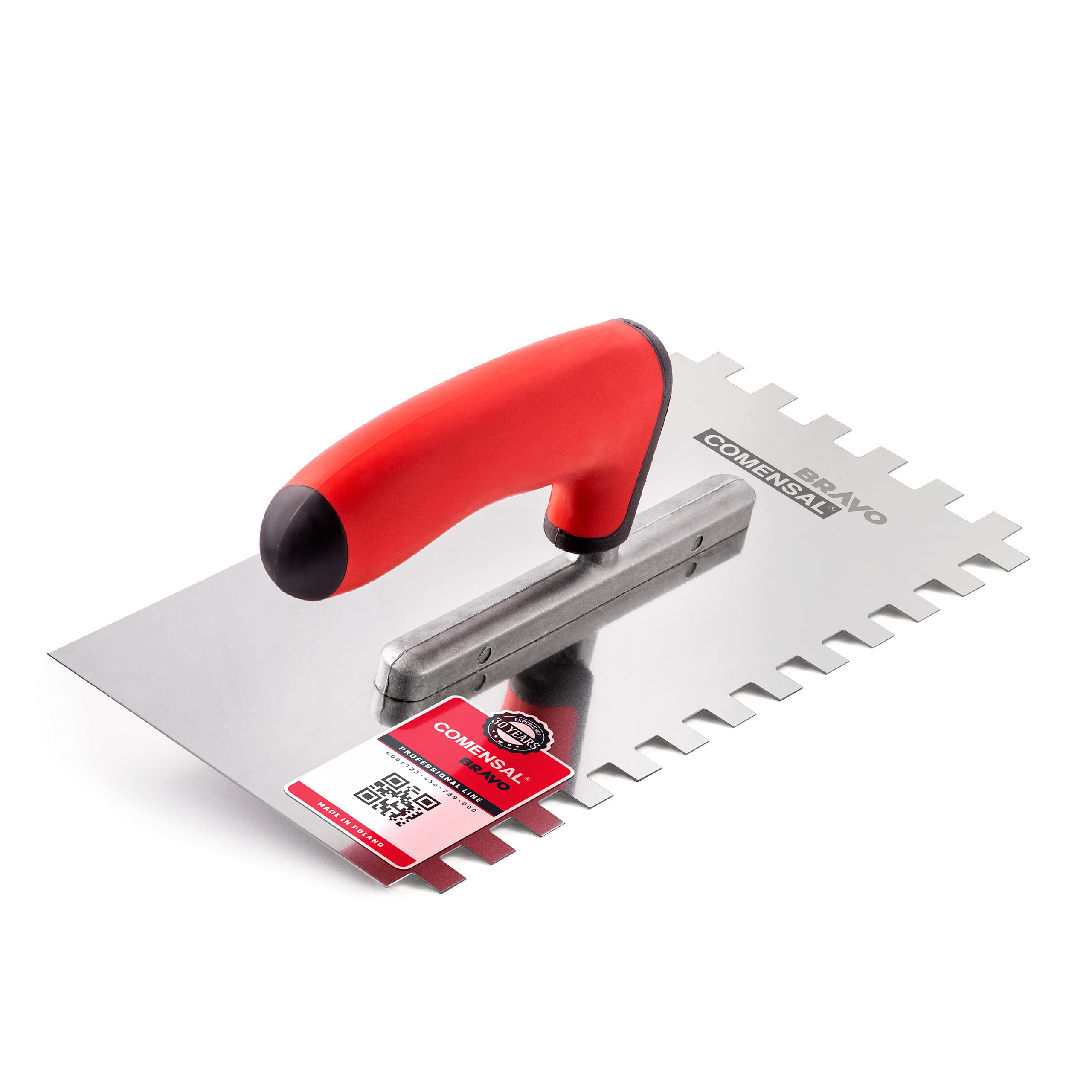 COMENSAL Notched Tiling Trowel 0.4"- Plastering Notched Trowel - Stainless Steel - Non-Slip Soft Grip - Made in EU - 10x10 mm