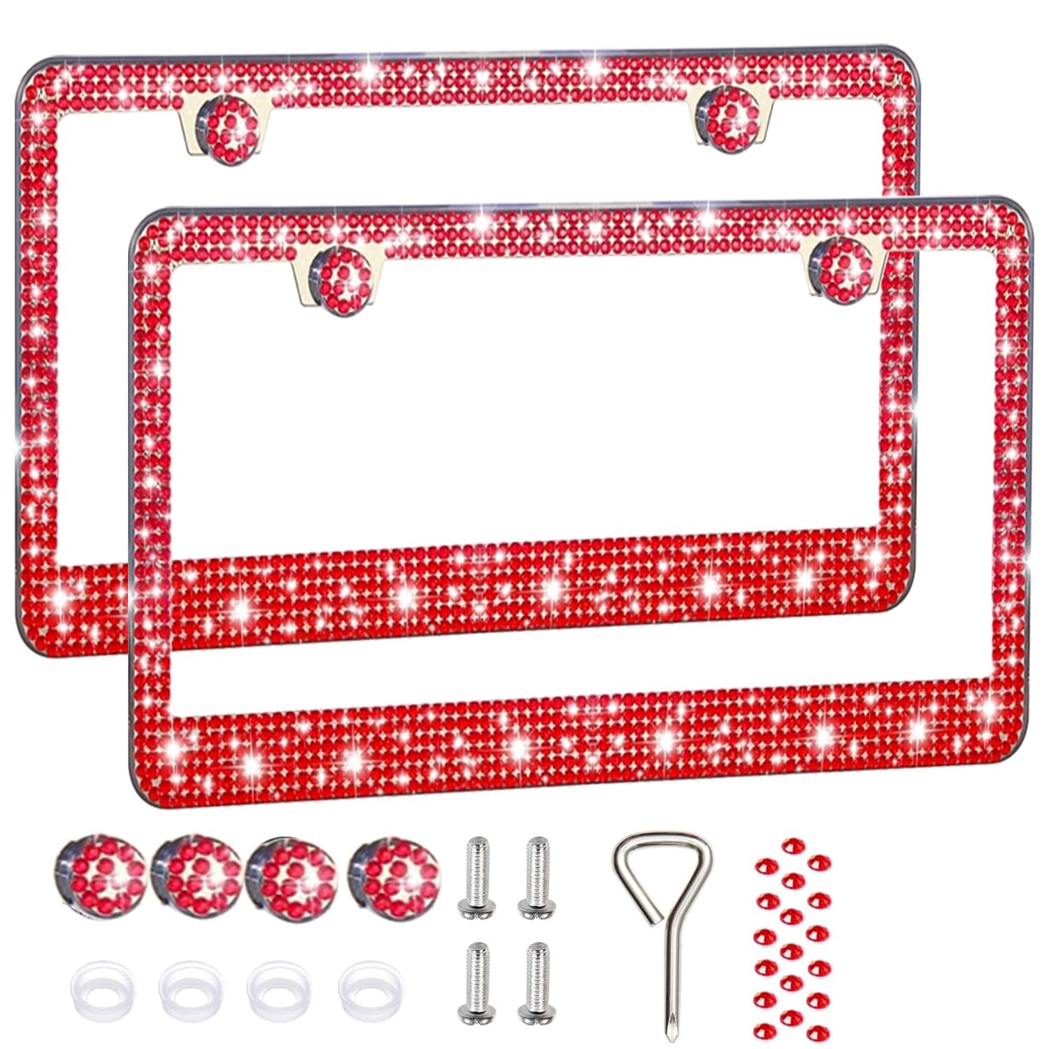 Photo 1 of 2 Pack License Plate Frames for Women, Sparkly Rhinestone Diamond Car Accessories with Glitter Crystal Caps (Red(2PCS))