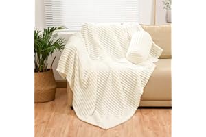 BNuitland Ivory Flannel Throw (50X70 inches) with Storage Pouch,300GSM Super Soft Fleece Stripe Pattern Sofa Blanket for Adults and Kids, Lightweight Cozy Bed Throw for Home Decor All Season