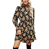 CUPSHE Women's Mock Neck Floral Mini Fall Dress Long Ruffle Sleeve Elastic Waist Smocked Casual Flowying Mini Dresses