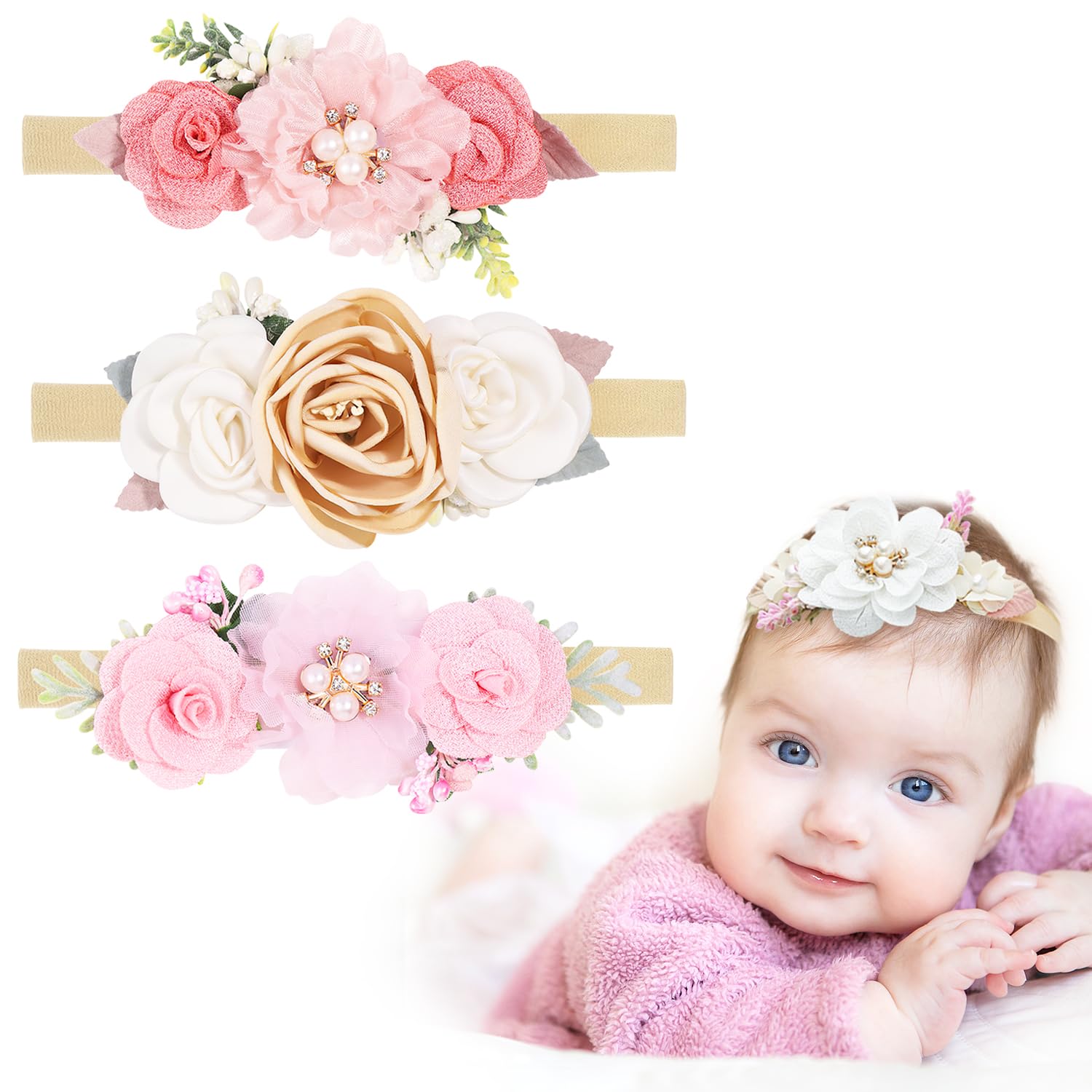 3 Pieces Baby Girl Headbands, Baby Girl Headbands with Grosgrain Ribbon Nylon Floral Baby Headbands for Baby, Toddlers, and Newborn Hair Accessories (Pink)