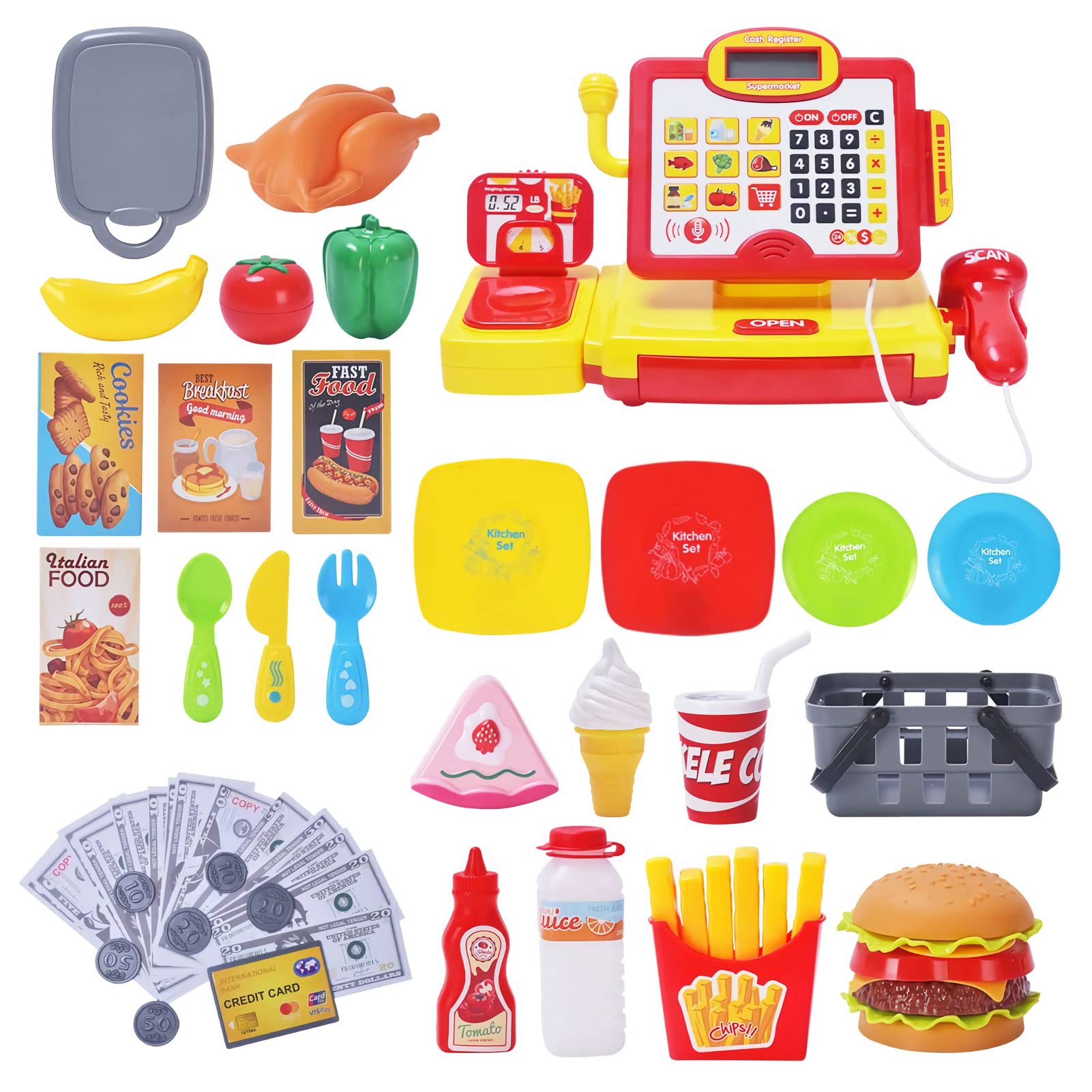 FS Pretend Play Cash Register Toy with True Barcode Scanner & Calculator, Microphone, Play Food, Supermarket Cashier, Great Pre-School Gift Cash Register for Kids Boys & Girls, Ages 3 4 5 6 8