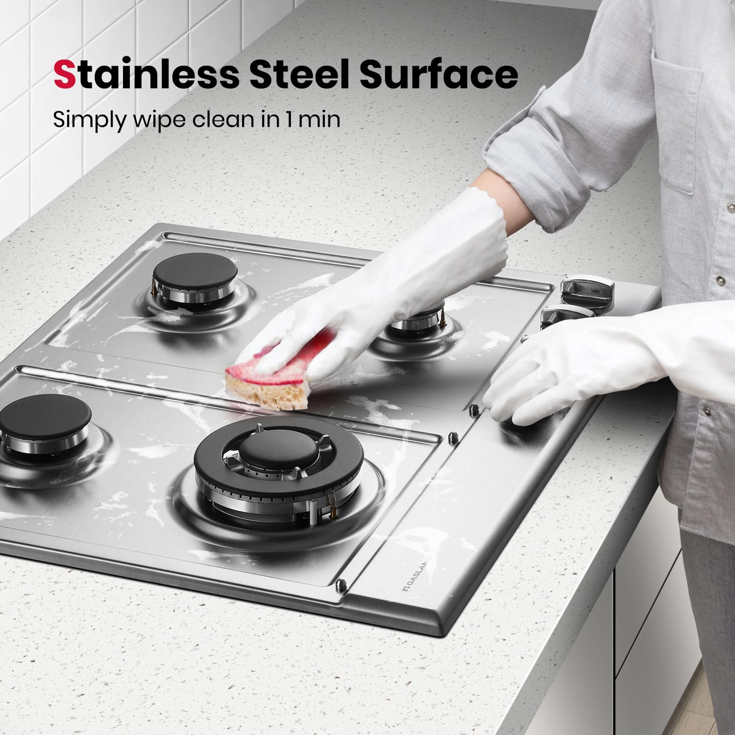 GASLAND 24 Inch Gas Cooktop 4 Burners GH60SFA Built-in Propane Stainless Steel Stove Top with Thermocouple Protection, LPG/NG Convertible Dual Fuel Natural Gas Hob, Stainless Steel