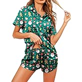 RUEWEY Women’s 2 Piece Silk Satin Pajama Set Print Short Sleeve Button Up Top Shirt and Shorts Set Loungewear