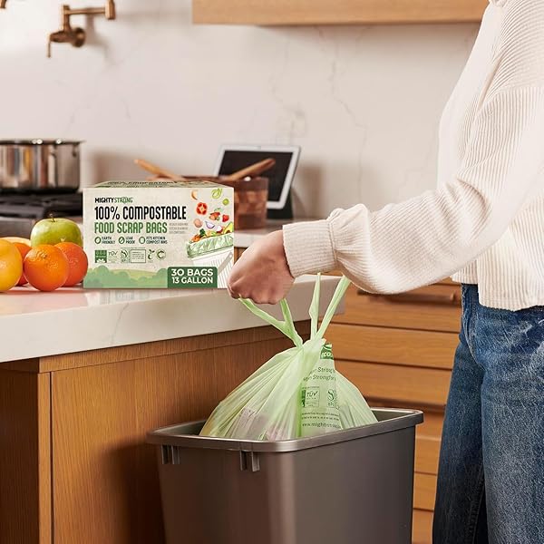 13 GALLON COMPOST BAGS WITH HANDLES – 30 COUNT BIODEGRADABLE TRASH BAGS, COMPOSTABLE TRASH BAGS, 13 GALLON TRASH BAGS, CERTIFIED BY BPI AND OK COMPOST, FOOD SCRAP GARBAGE BAGS, TALL KITCHEN