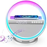 Pxujoqecg Mood Lamp with Up to 15W Wireless Charger, 6 in 1 Smart Alarm Clock, Bluetooth Speaker, LED Table Lamp with 12 RGB Colors, Bedside Nightstand Lamp, Modern Desk Lamp Gift - G5