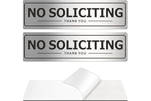 MONGFUN No Soliciting Sign - Door Signs for House Business and Office Wall - Aluminum Metal with Strong Self Adhesive (2 Pack, Silver 7×2 inches)