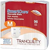 Tranquility SmartCore Adult Disposable Briefs, Incontinence Control with Breathable Kufguard Technology, Fastening Tabs & Wetness Indicator, Latex-Free, Adult Medium, 28oz Capacity, 96ct Case