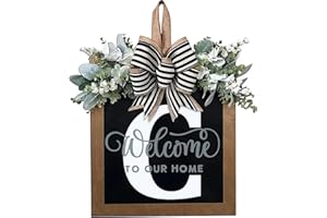 YICORIP Last Name Year Round Front Door Wreath Front Porch Decoration 26 Letter Welcome Sign with Eucalyptus Garland and Bow Spring Wreaths for Front Door Outside Hanger Garland（C）