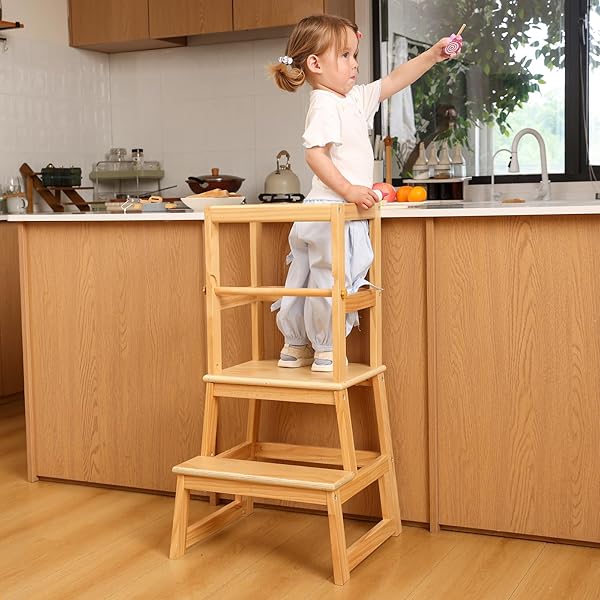 KITCHEN STEP STOOL FOR KIDS WITH SAFETY RAIL,TODDLER STANDING TOWER FOR KITCHEN COUNTER, BABY MONTESSORI STOOL,SOLID WOOD CONSTRUCTION,NATURAL