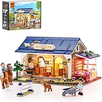 FUNWHOLE Farm Horse-Stable Lighting-Building-Bricks Set - Farm Life Horse Animals Cabin Collection LED Light Cottage Model Di