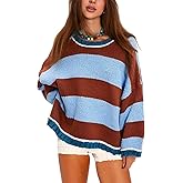 Oversized Knit Sweaters for Women Crewneck Long Sleeve Striped Loose Fit Drop Shoulder Jumpers Y2k Aesthetic Clothes