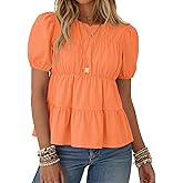 Rapbin Womens Puff Short Sleeve Babydoll Tops Summer Peplum Pleated Cotton T Shirts Casual Loose Fit Flowy Blouses