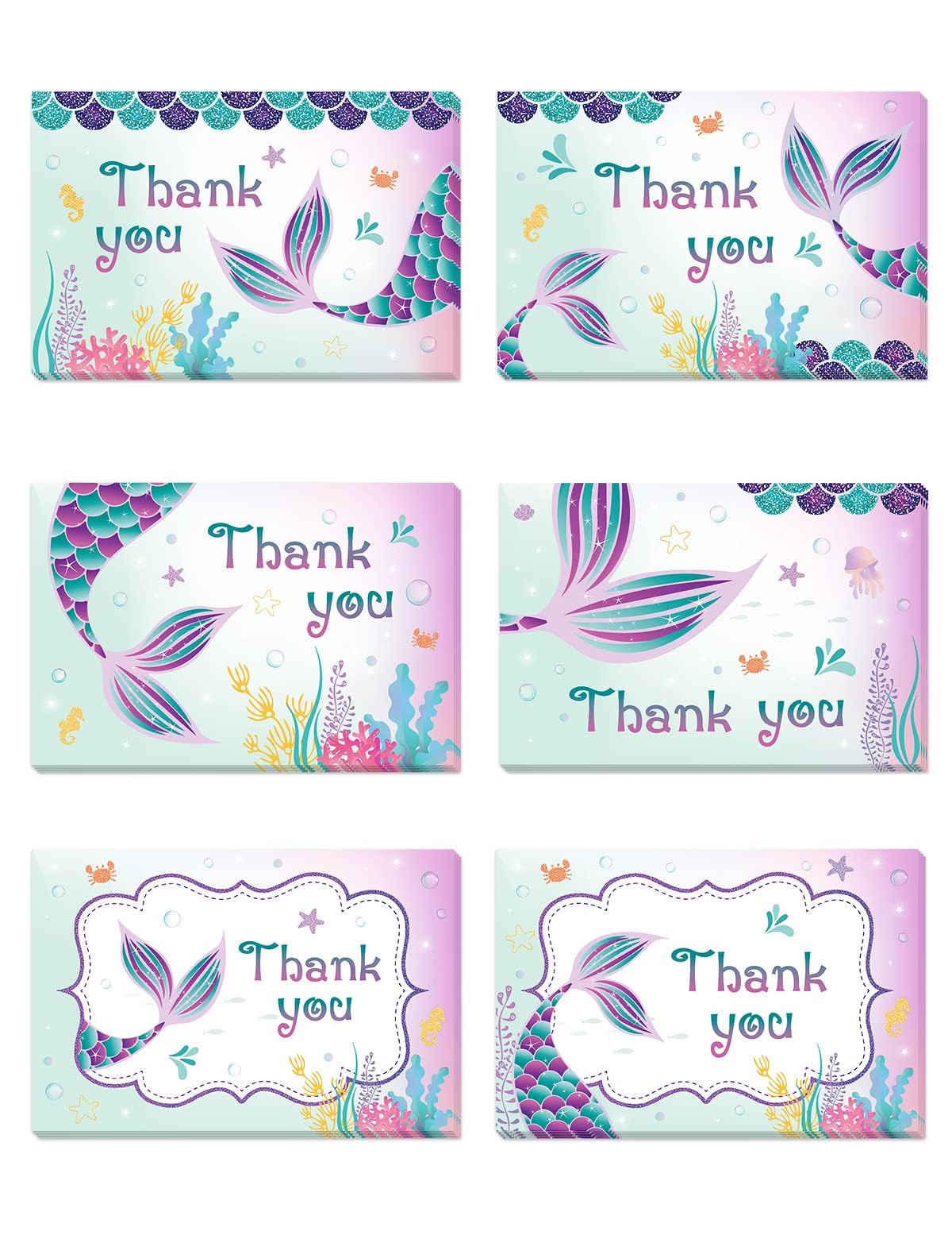WERNNSAI Mermaid Thank You Card – 24 Sets Greeting Cards with Envelopes for Girls Kids Mermaid Blank Note Cards for Birthday Baby Shower Party Gift Cards Thank You Notes 11x16 cm