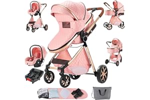 Aveainelle 3 in 1 Baby Stroller Travel System Combo Set, Reversible Infant Stroller with One-Click Folding, Convertible Newborn Toddler Pram Carriage with Aluminum Frame (UDV9-PINK with Base)