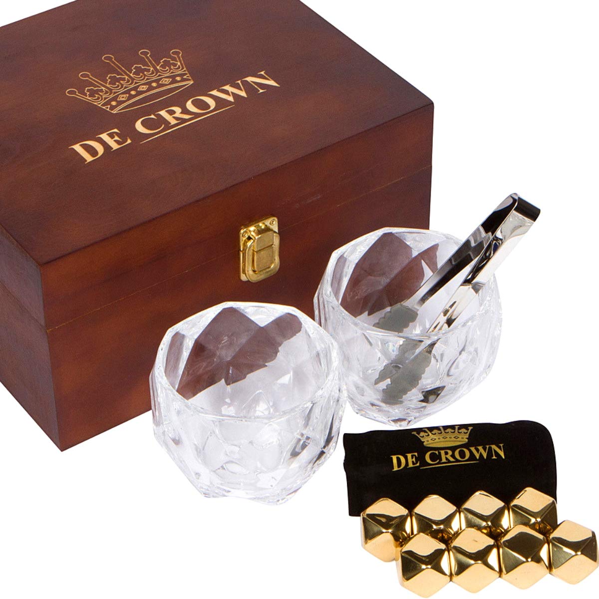 Gold Diamond Cut Whiskey Stones Gift Set in Fancy Handmade Wooden Box - 2 Large 11oz Drinking Glasses, 8 Stainless Steel Chilling Rocks, Tongs | Cool Reusable Ice Cubes | Ideal Present for Men & Women