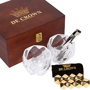 Gold Diamond Cut Whiskey Stones Gift Set in Fancy Handmade Wooden Box - 2 Large 11oz Drinking Glasses, 8 Stainless Steel Chilling Rocks, Tongs | Cool Reusable Ice Cubes | Ideal Present for Men & Women