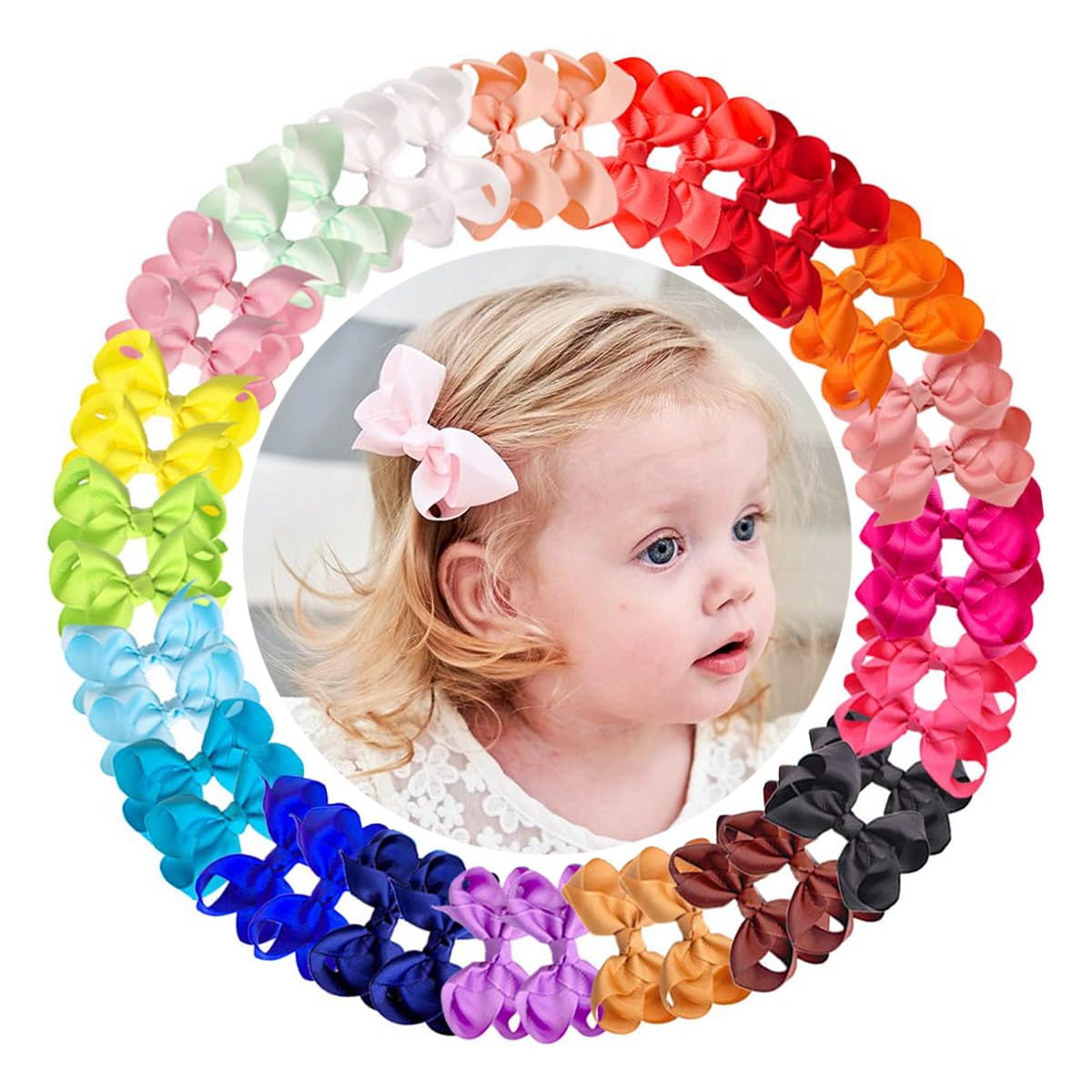 JOYOYO 40 Pcs Little Girls Hair Bow Clips Medium Size 3 Inch - Handmade Grosgrain Ribbon Hair Bows and Clips for Toddlers