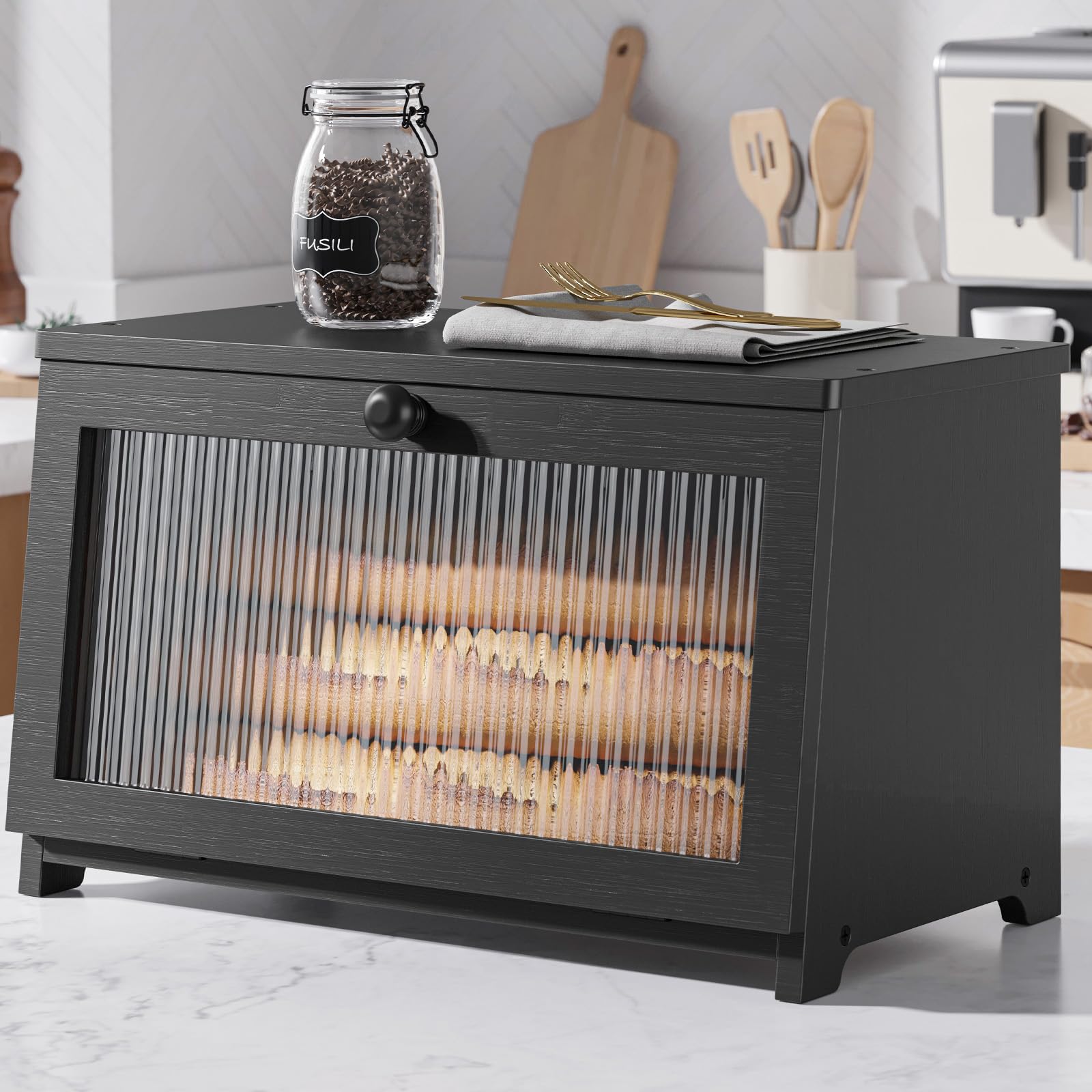 Photo 1 of Kitsure Bread Box - Wooden Bread Box for Kitchen Countertop, Large Capacity Kitchen Countertop Organizer, Stylish Bread Storage with Window, Multi-functional Container, Black, 15.0"x8.3"x9.1" (1T)