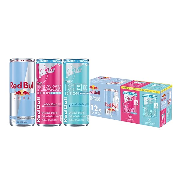 RED BULL ENERGY DRINK SUGARFREE VARIETY PACK, ZERO, PEACH, ICED VANILLA BERRY, WITH 80MG CAFFEINE, TAURINE & B VITAMINS, 8.4 FL. OZ, PACK OF 12 CAN