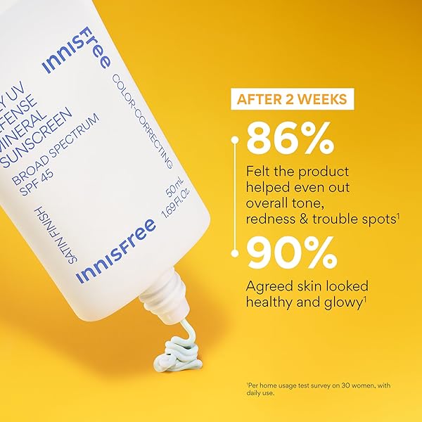 INNISFREE DAILY UV DEFENSE MINERAL SUNSCREEN BROAD SPECTRUM SPF 45 WITH HYALURONIC ACID, KOREAN SUNSCREEN FOR FACE WITH COLOR CORRECTING GREEN TINT