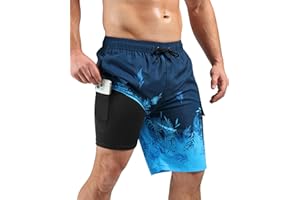 SILKWORLD Men's Swim Trunks with Compression Liner Quick Dry Bathing Suits 9 Inch Swimming Shorts with Cargo Pockets